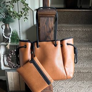 CHUCHKA Knotted Tan Black Tote Bag Neoprene Accessory Bag Rope Handles Purse